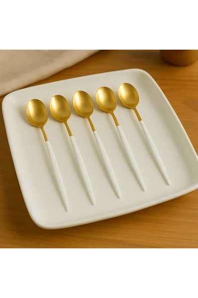 6 Adet paslanmaz çelik gold beyaz yemek kaşığı ürün görseli 1
