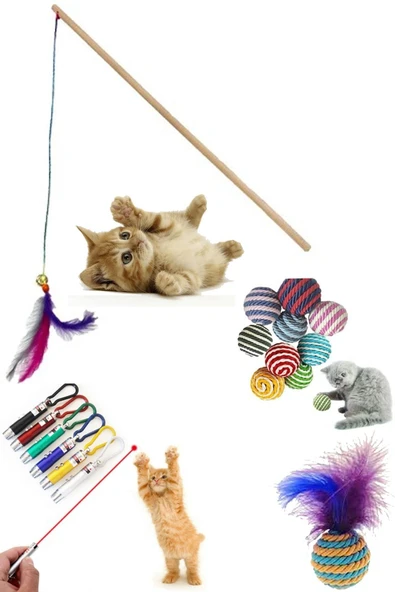 YİĞİTLERAVM 4'li Set: Ip Sarma Topu Lazer Kedi Oyun Topu Tüylü Kedi Oltası Kedi Oyuncağı ürün görseli 1