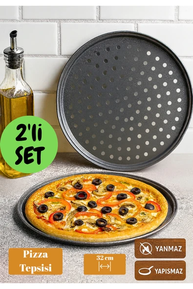 2 adet Yanmaz Yapışmaz 32 cm Delikli Pizza Tepsi 2’li Set – Çıtır Pizza Fırın Tepsisi ürün görseli 1