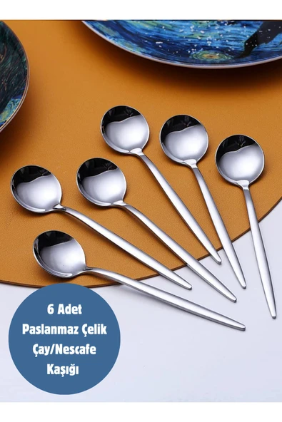 6'lı gümüş lux yuvarlak çay nescafe kaşığı kaşık paslanmaz çelik 13.5 cm ürün görseli 1