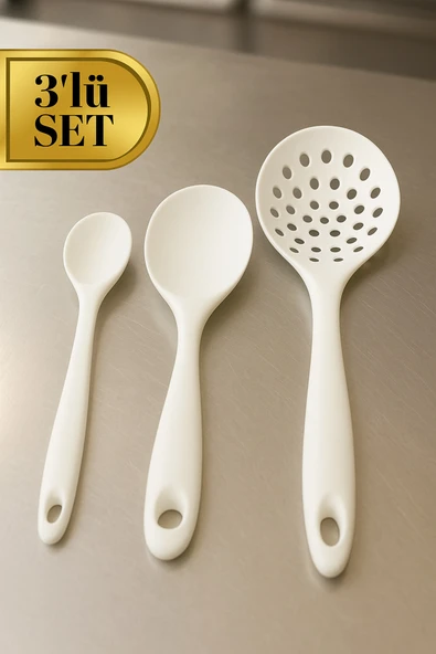 3’lü Silikon Kaşık Seti – Pilav Kaşığı, Servis Kaşığı ve Delikli Kepçe | Isıya Dayanıklı Premium Set ürün görseli 1