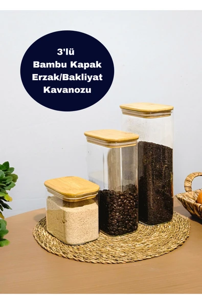 3'lü Bambu kapaklı dikdörtgen borasilikat cam bakliyat erzak kavanozu büyük boy çay kahve şeker ürün görseli 1