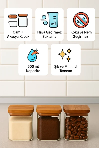 3'lü Cam Kavanoz Seti 500 ml Akasya Kapaklı, Hava Geçirmez, Koku Nem Geçirmez, Kahve Şeker Baharat ürün görseli 1