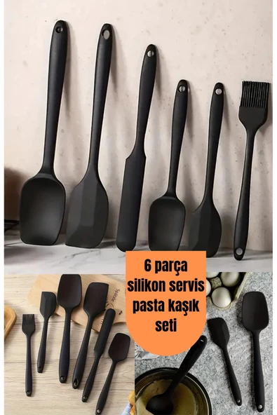 6 parça silikon servis seti, spatula sıyırma yağlama kaşığı, yüksek ısıya dayanıklı Yanmaz Yapışmaz ürün görseli 1