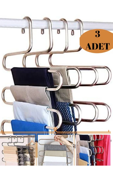 Metal Pantolon Askısı 3’lü Set | Çok Katlı Paslanmaz Çelik Dolap İçi Yer Tasarruflu Askı ürün görseli 1