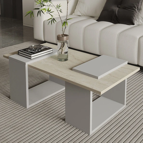 Matris Modern Orta Sehpa – Geometrik Tasarım ve Şık Detaylar  Gri/Traverten ürün görseli 1