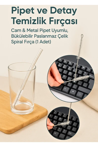Pipet ve Detay Temizlik Fırçası – Cam & Metal Pipet Uyumlu, Bükülebilir Paslanmaz Çelik Spiral Fırça ürün görseli 1