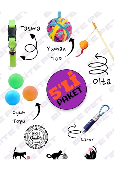 bite pet 5 Li Kedi Seti:yumak Top Lazer Olta Oyun Topu Tasma ürün görseli 1
