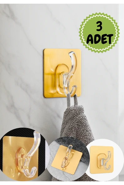 Altın Renkli Şeffaf Yapışkanlı Askı 3’lü Set – Delmeden, İz Bırakmaz, Suya Dayanıklı Banyo Mutfak ürün görseli 1