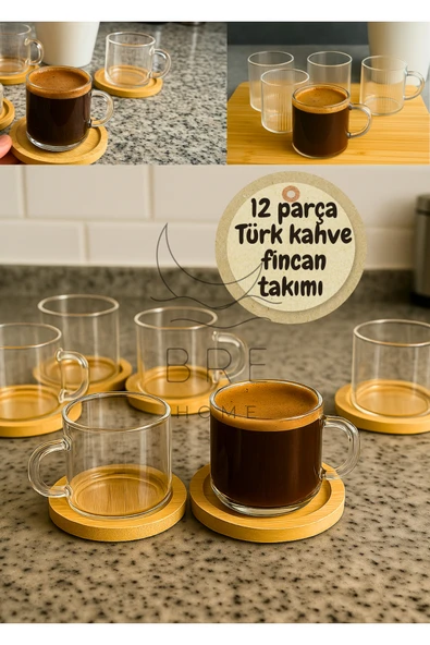 6 Kişilik 12 Parça Cam Türk Kahvesi Fincan Takımı - Bambu Altlıklı - 100 ml ürün görseli 1