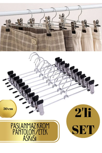 2 adet Paslanmaz Krom Pantolon & Etek Askısı 2’li Set – Kaydırmaz Mandallı 30 cm ürün görseli 1