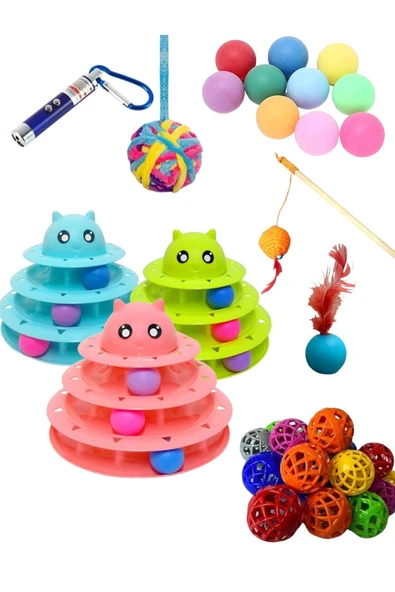 bite pet 8 1 Kedi Oyun Seti:3 Katlı Oyuncak-lazer-olta-yumak Top-tüylü Top ürün görseli 1