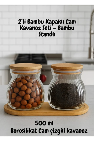 2’li Bambu Kapaklı Cam Kavanoz Seti – Bambu Standlı 500 ml kavanoz ürün görseli 1
