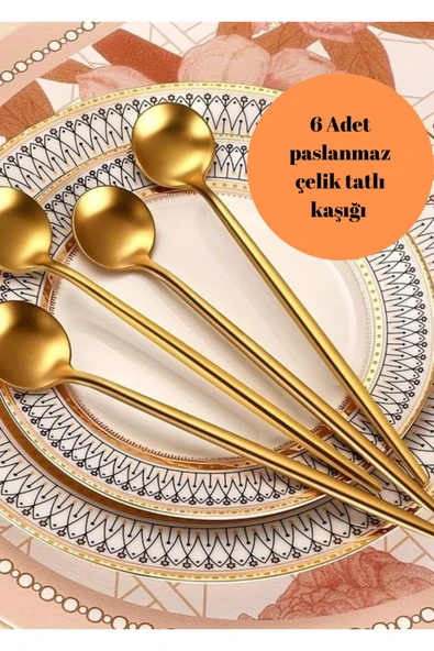 6 Adet Gold Paslanmaz Yuvarlak Form Tatlı Kaşığı, 1.kalite 3 Mm 16 Cm ürün görseli 1