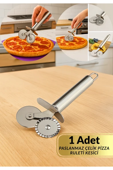 Paslanmaz Çelik Pizza Kesici Rulet | 2 Bıçaklı Kesim Aparatı | Hamur, Mantı ve Pizza Kesme Bıçağı ürün görseli 1