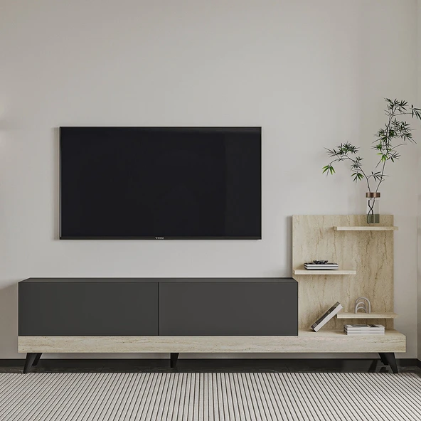 Dizayn TV Sehpası – Kapaklı & Raflı Tasarım,180 cm  Antrasit/Traverten ürün görseli 1