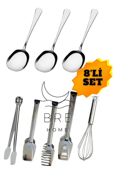 8 parça 3 adet 21 cm servis kaşığı 4 adet pasta makarna pasta çırpıcı maşa seti ürün görseli 1