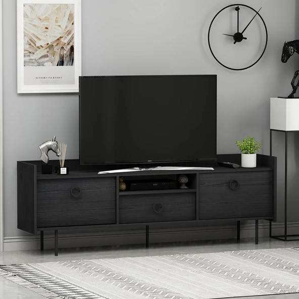 Lidya T0015 Metal Ayaklı, 3 Kapaklı Modern TV Sehpası  Ahşap Siyah ürün görseli 1