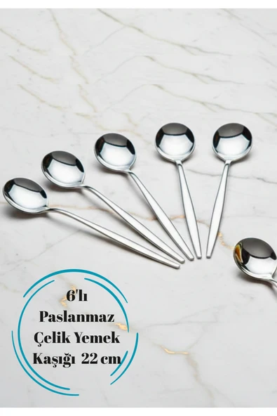 6’lı Paslanmaz Çelik Yemek Kaşığı 22 cm – Ayna Parlaklık, Dayanıklı Çelik Sofra Kaşığı Seti ürün görseli 1