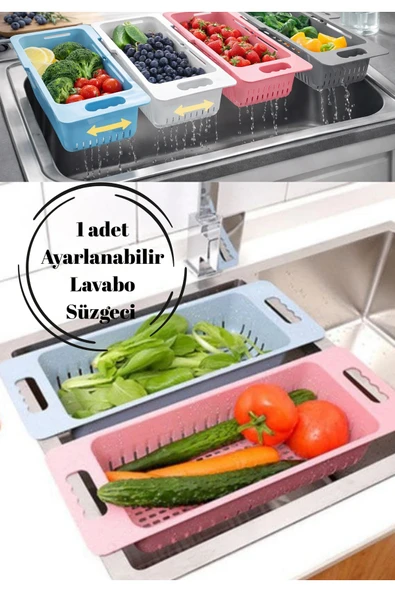 Lavabo Üstü Ayarlanabilir Süzgeç Sepeti | Kayar Plastik Meyve Sebze Yıkama & Kurutma Aparatı ürün görseli 1