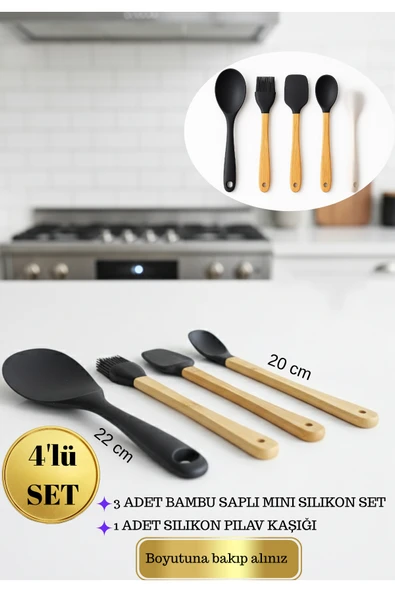 Bambu Saplı 3’lü Mini Silikon Mutfak Seti + 22 cm Silikon Pilav Kaşığı – Isıya Dayanıklı, Yapışmaz ürün görseli 1