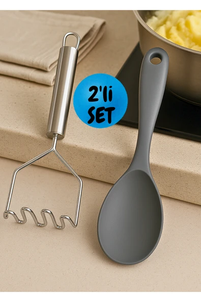 2'li Silikon Mutfak Seti – Patates Ezeceği + Servis Kaşığı | 22 cm Yanmaz Yapışmaz ürün görseli 1