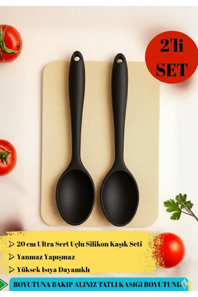 2’li Set Ultra Sert Uçlu Silikon Kaşık 20 cm | Yanmaz Yapışmaz Isıya Dayanıklı Tatlı kaşık ürün görseli 1