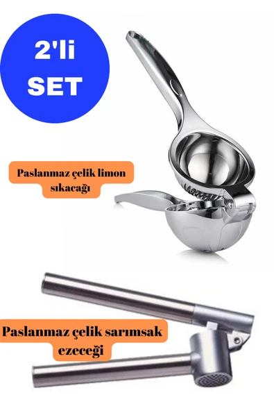2'li paslanmaz çelik ağır limon sıkacağı ve hazneli sarımsak ezeciği ürün görseli 1