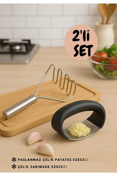 Paslanmaz Çelik Patates Ezici & Sarımsak Ezici Seti – Ergonomik Saplı Mutfak Gereçleri ürün görseli 1