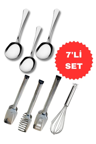 7'li servis maşa çırpıcı seti/3 adet çelik servis kaşık 4 adet pasta makarna salata çırpıcı seti ürün görseli 1