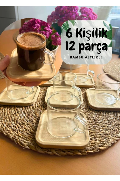 6 kişilik 12 parça borasilikat termisil cam Türk kahve fincan takımı seti 100 ml bambu tabaklı ürün görseli 1