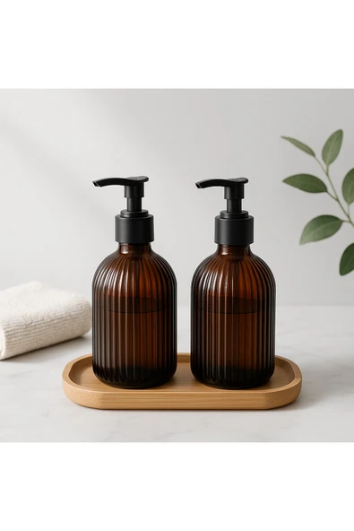 Bambu Standlı Amber Cam Sıvı Sabunluk 400 ml | Siyah Pompalı Origami Çizgili Bulaşık & Sabun Şişesi ürün görseli 1