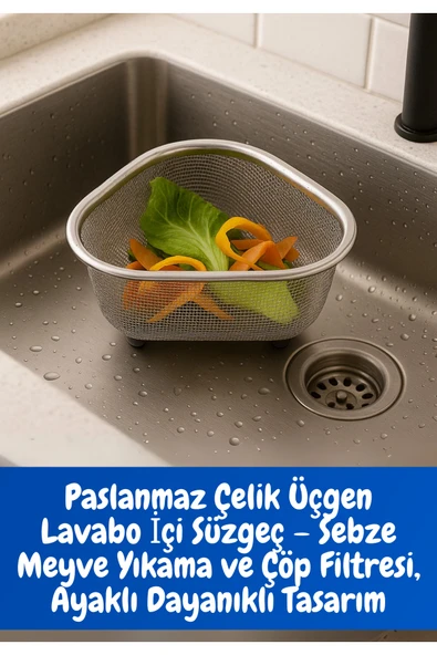 Paslanmaz Çelik Üçgen Lavabo İçi Süzgeç Sebze meyve Çöp Filtresi ayaklı 20 cm ürün görseli 1