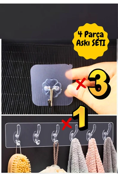 4 Parça Yapışkanlı Askı Seti – 3 Tekli + 1 Beşli Şeffaf Duvar Askısı Kanca Banyo Mutfak Düzenleyici ürün görseli 1