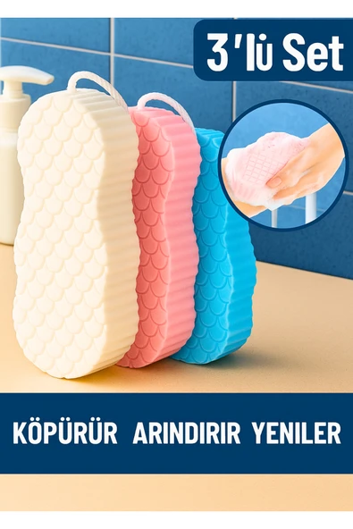 3’lü Ölü Deri Temizleyici Yumuşak Banyo Süngeri Duşta Peeling Etkili Köpüren Vücut Temizleme Süngeri ürün görseli 1