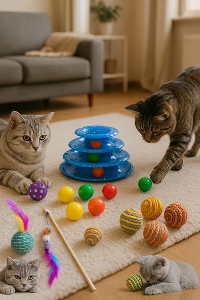 YİĞİTLERAVM 5' Li Kedi Oyuncağı Set:kedi Oltası,hacıyatmazlı 3katlı Oyuncak ,tüylü Top,sarma Top, Çıngıraklı Top ürün görseli 1