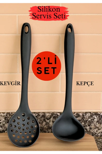 2'li Silikon Servis Seti– Kepçe ve Kevgir – Isıya Dayanıklı, Yanmaz Yapışmaz Servis Kaşığı Seti ürün görseli 1