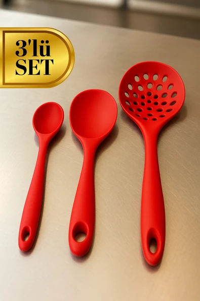 3’lü Silikon Kaşık Seti – Pilav Kaşığı, Servis Kaşığı ve Delikli Kepçe | Isıya Dayanıklı Premium Set ürün görseli 1