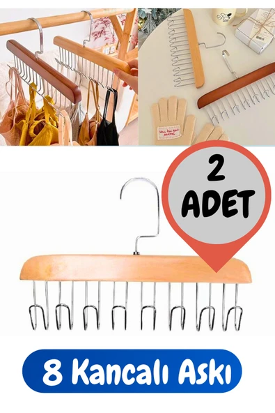 2 Adet 8 Kancalı Ahşap Askı | Çok Amaçlı Çanta, Şal, Kemer ve Aksesuar Düzenleyici ürün görseli 1