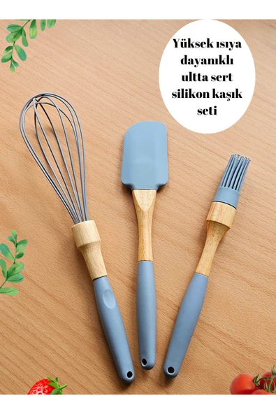 3'lü ultra lüx bambu sap ultra sert silikon spatula, çırpıcı, yumurta fırçası seti ürün görseli 1