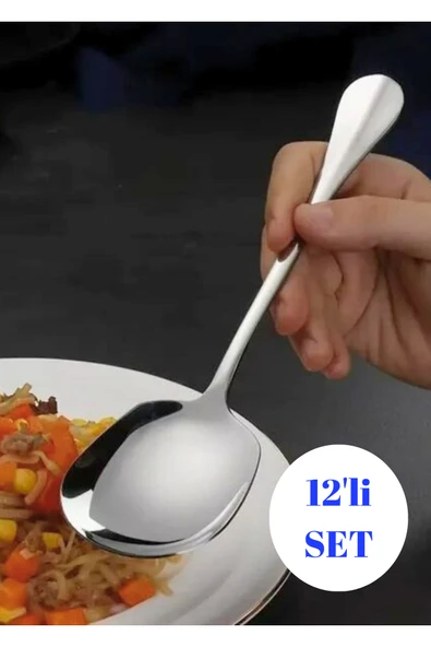 12 adet gümüş paslanmaz çelik  servis kaşık sunum kaşığı 21 cm ürün görseli 1