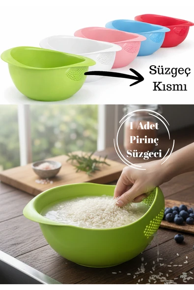 Plastik Pirinç Süzgeci – Süzgeçli Kase | Pirinç, Bulgur, Bakliyat Yıkama Kabı | Pratik Mutfak Gereci ürün görseli 1