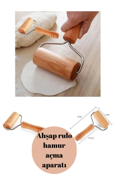 Ahşap saplı rulo hamur açma aparatı pürüzsüz merdane oklama baklava börek bazlama açma ürün görseli 1