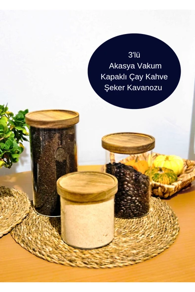 3'lü akasya vakum kapaklı yuvarlak çay kahve şeker tuz kavanozu tezgah üstü ürün görseli 1