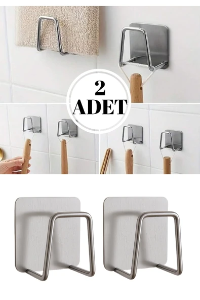 2’li Paslanmaz Çelik Yapışkanlı Duvar Askısı | Havlu Sünger Tutucu | Banyo Mutfak Askı Aparatı ürün görseli 1
