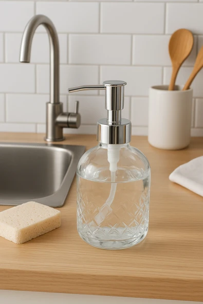 Cam Sıvı Sabunluk Dispenser – Şeffaf Cam ve Metal Pompalı Şık Mutfak Banyo Deterjanlık ürün görseli 1