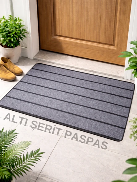 Beylini Şerit Desenli Kapı Önü Paspası Kaymaz taban Dayanıklı Su Geçirmez Emici Nem Toz UV Dayanıklı Gri 45x70cm ürün görseli 1