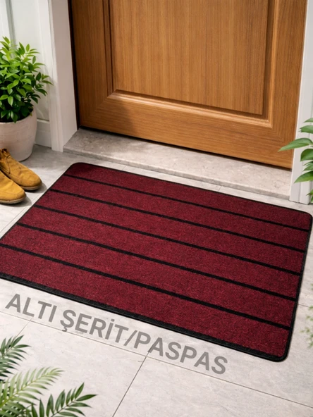Beylini Şerit Desenli Kapı Önü Paspası Kaymaz taban Dayanıklı Su Geçirmez Emici Nem Toz UV Dayanıklı Bordo 45x70cm ürün görseli 1