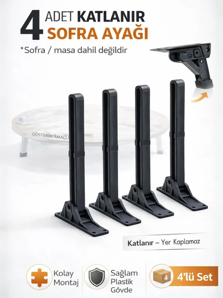 Beylini 4'lü Katlanabilir Yer Sofrası Ayağı 4 Kademeli Laptop Sehpa Sini Kamp Masası Plastik Ayak Siyah 21cm ürün görseli 1