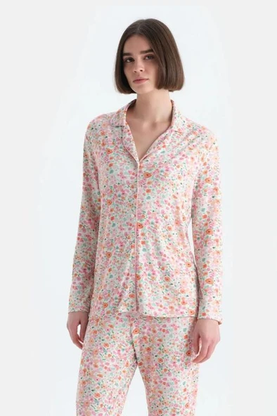 Eros 33518 Pamuklu Gömlek Yaka Önden Düğmeli Uzun Kollu Kadın Pijama Takımı ürün görseli 1